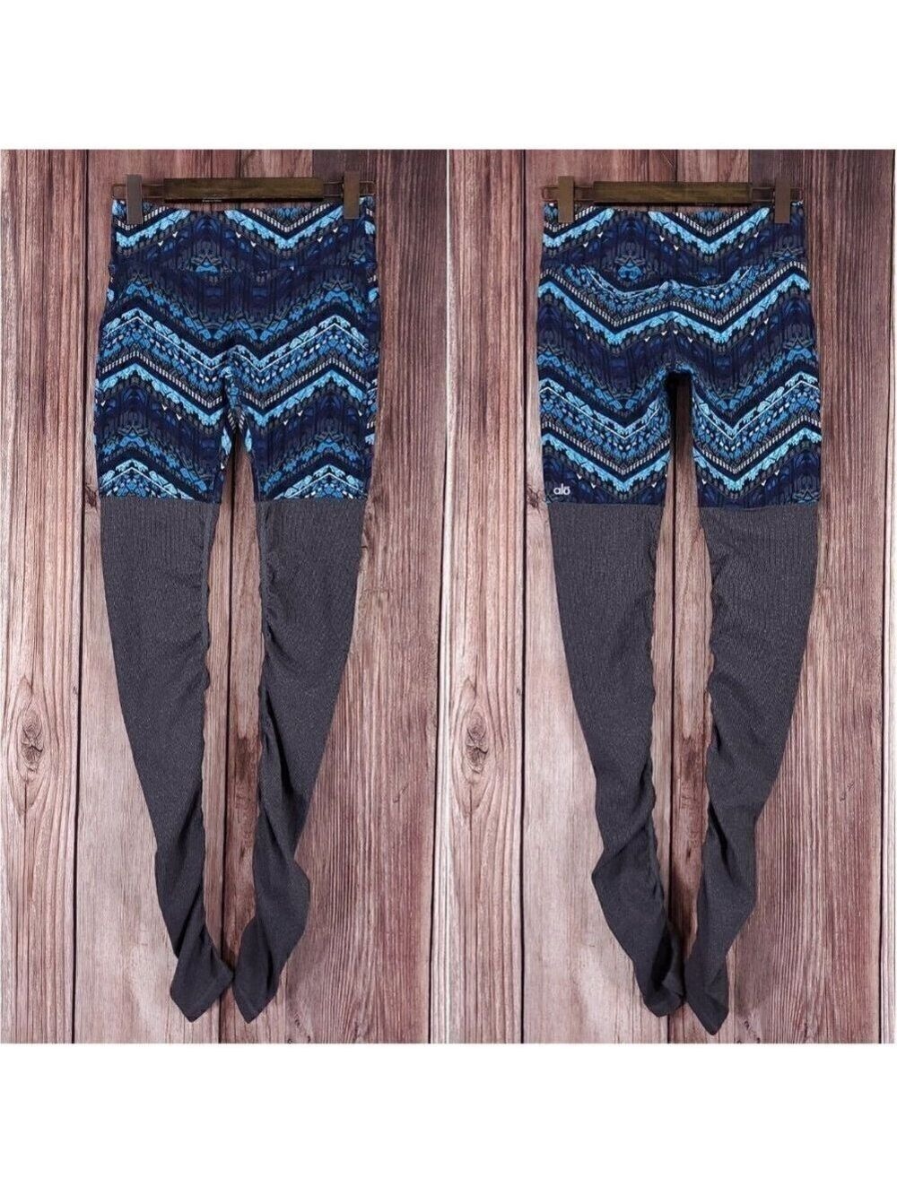Alo Yoga Womens Size Medium Goddess Leggings Blue Gray Tribal Print Gray Ribbed